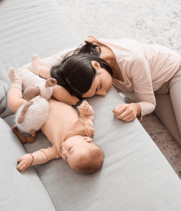 A mom managing a busy moment with her child