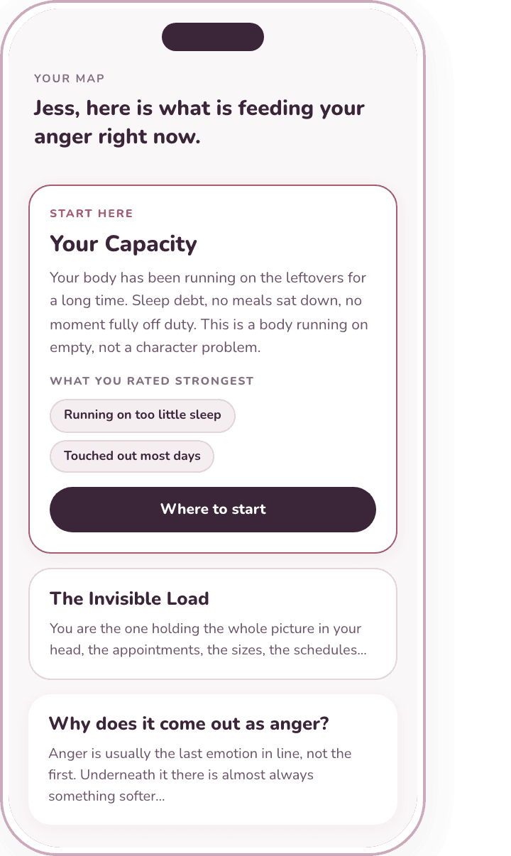 The Mom Rage Map results on a phone: what is feeding a mother's anger, with a Start here card.