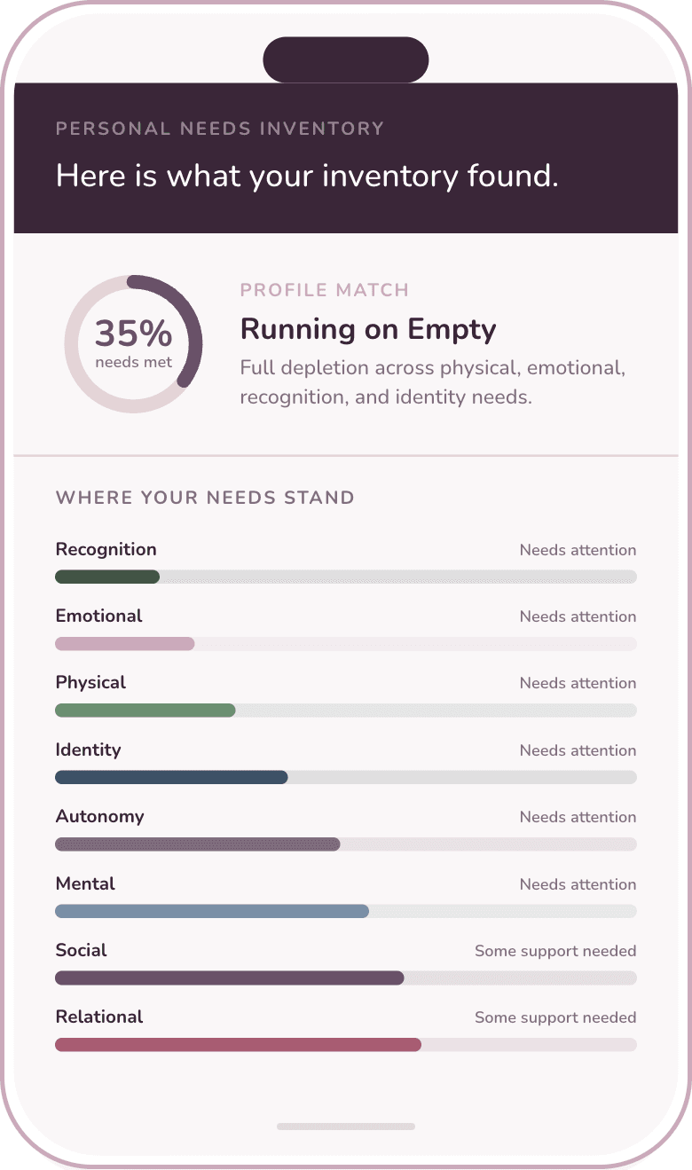 Personal Needs Inventory results showing a profile match and where each of your needs stands