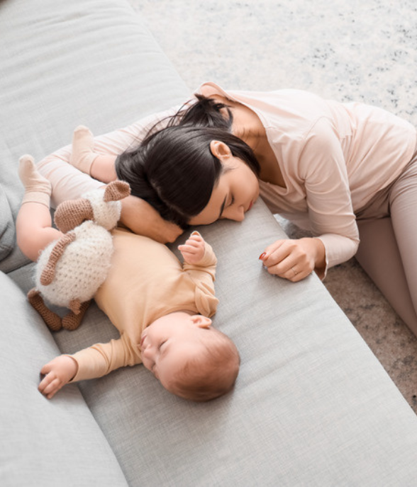 A mom managing a busy moment with her child