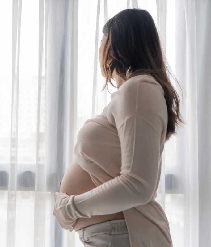 An expecting mom standing by the window with her hands on her belly